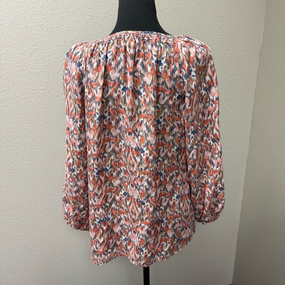 Sundance Silk Boho Blouse Orange Blue Ikat Peasant Top Large Button Front - Picture 5 of 8